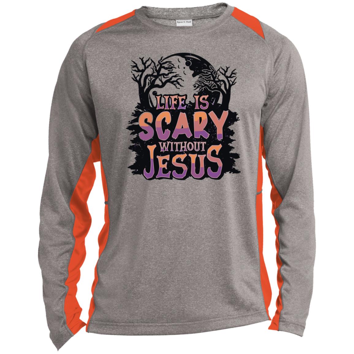 Life is Scary Without Jesus - Men's Long Sleeve Heather Colorblock Performance Shirt Performance Tee