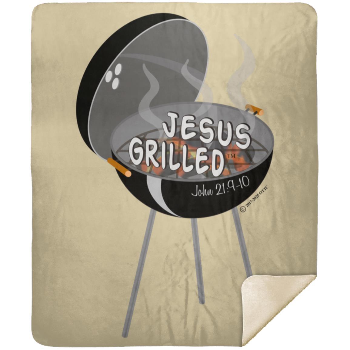 Tan mink sherpa blanket with “Jesus Grilled” BBQ graphic, 50x60 in