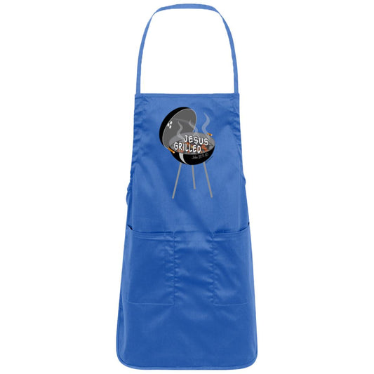 Adjustable full-length apron, blue, with front logo patch