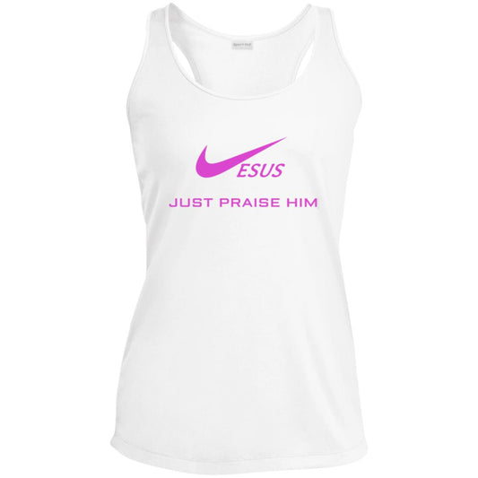 Women's performance racerback tank, white with purple/pink front graphic print
