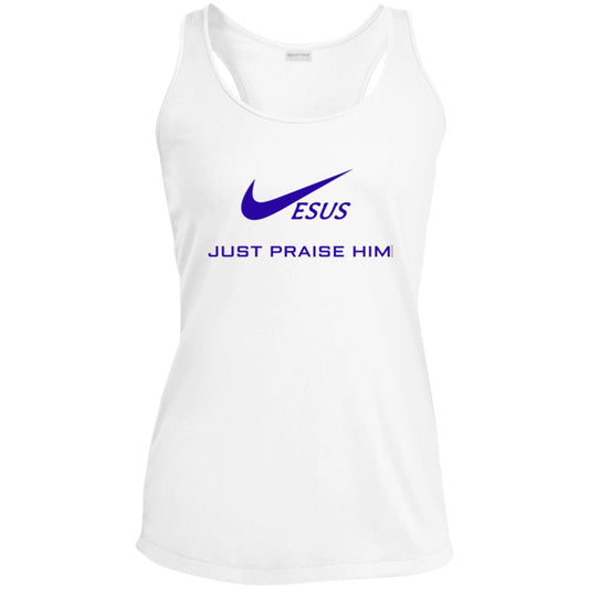 White women's performance racerback tank with blue front graphic