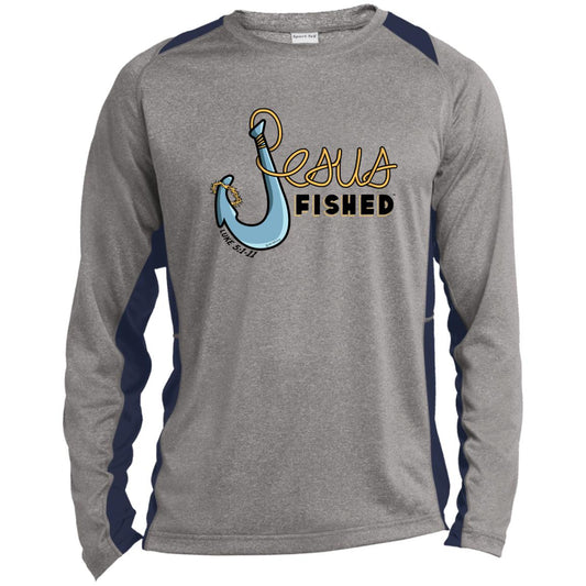 Men's long-sleeve colorblock tee, heather gray with fishing hook logo and navy side panels