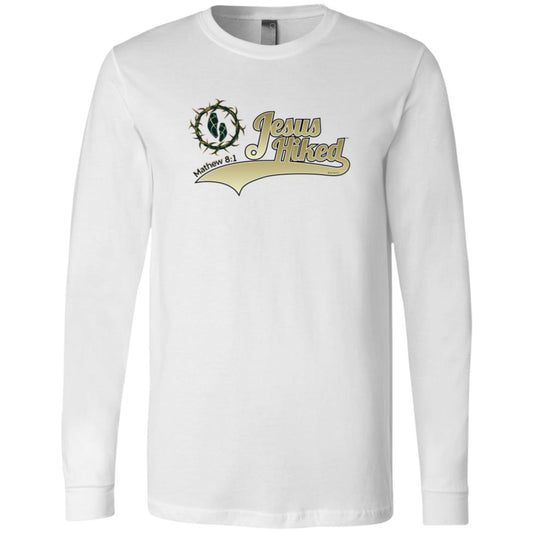 Men's white long-sleeve t-shirt with 'Let's Hiked' graphic at chest