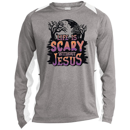 Life is Scary Without Jesus - Men's Long Sleeve Heather Colorblock Performance Shirt Performance Tee