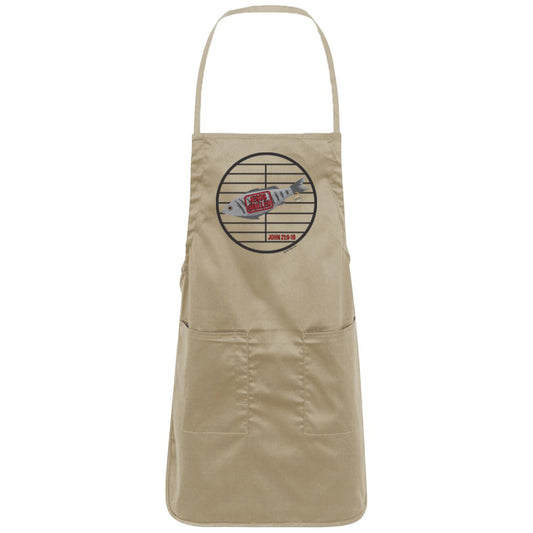 Adjustable full-length khaki apron with front logo graphic patch and waist ties