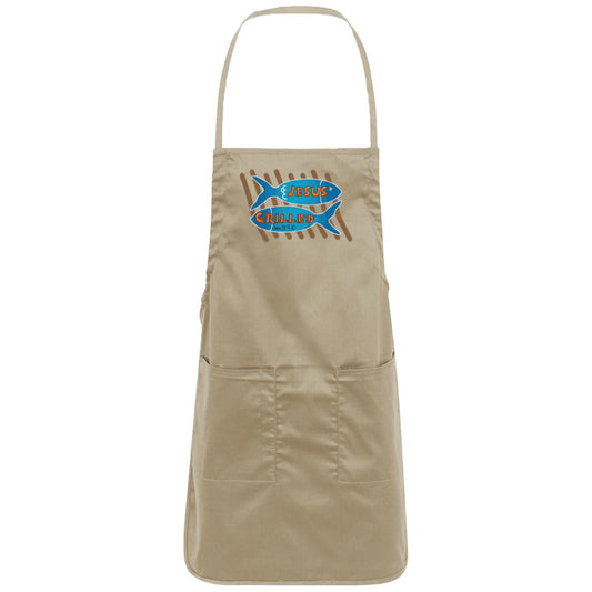 Adjustable full-length khaki apron with front fish logo and “Jesus” print