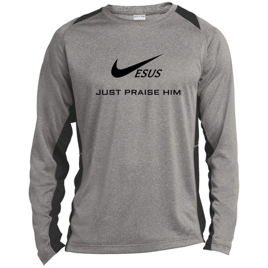 Men's long-sleeve colorblock tee, heather gray with darker black side panels and logo.