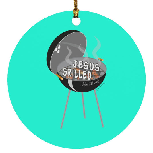 Turquoise round circle ornament with gold hanger and black grill 'Jesus Grilled' design