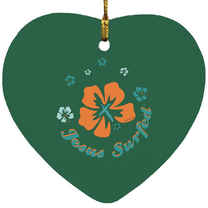 Forest green heart-shaped flower ornament with hanging gold loop and colorful floral design.
