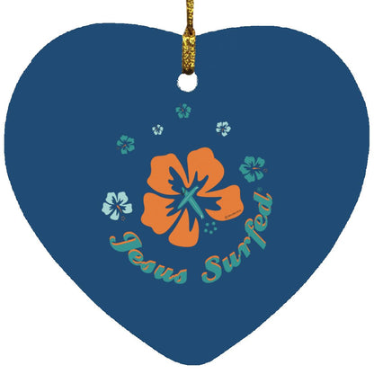 Royal blue heart-shaped flower ornament with hanging gold loop and colorful floral design.