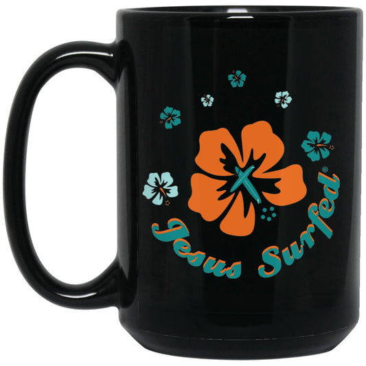 Ring of Flowers Jesus Surfed - 15oz Black Mug - Jesus Surfed Apparel Co. 